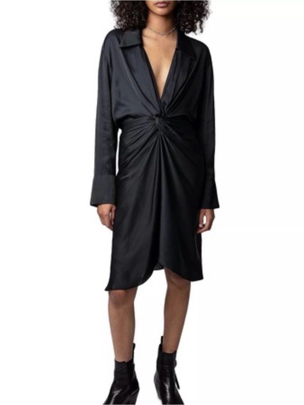 Zadig & Voltaire Black Knot-Front Long Sleeve Satin Dress